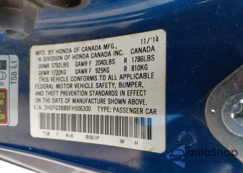 2015 Honda Civic Ex from USA, damaged, VIN 2HGFG3B89FH506300